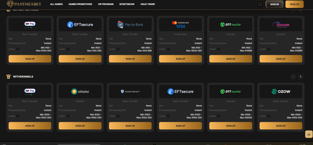 Pantherbet Payment Options
